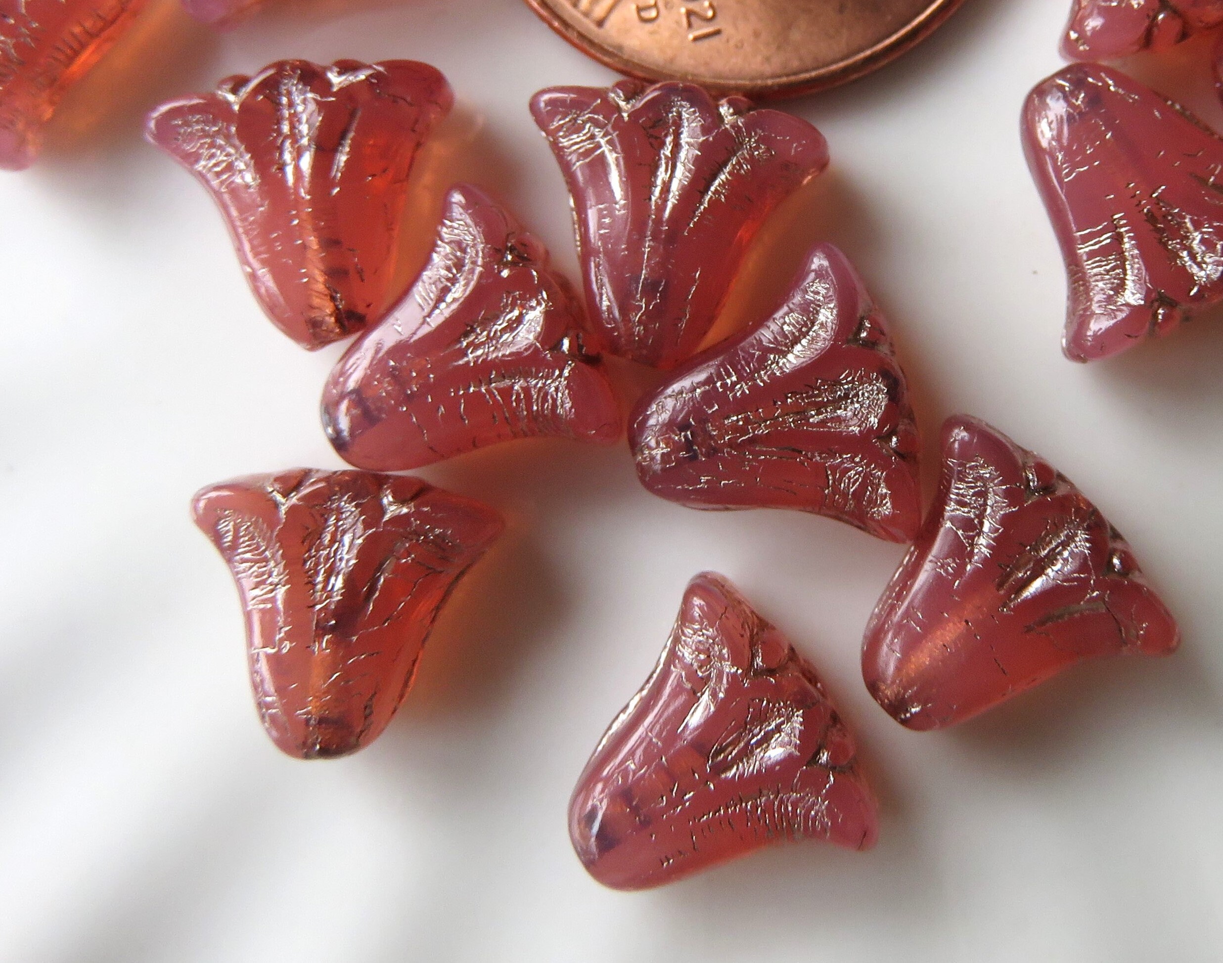 Pink Opaline Transparent Glass with Platinum Luster Wash, Czech Lily Flower, 9 mm by 10 mm Beads - Item F10-2