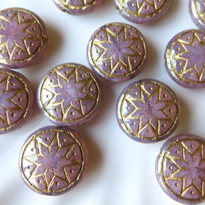 Pink Opal White Luster Translucent Glass with Gold Wash, Czech Star of Ishtar Coin Beads, 13 mm Beads - Item X20-8