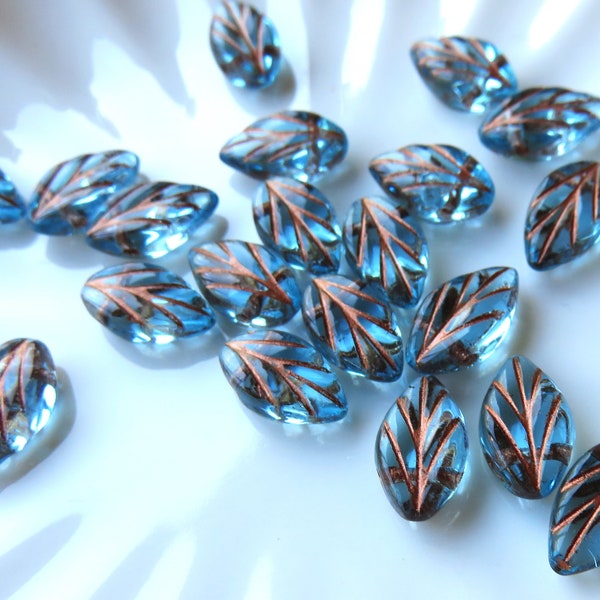 Sunny Sky Blue Transparent Glass with Copper Wash Czech Beech Leaf, 11 mm by 7 mm Beads, 20 Beads - Item L60-1