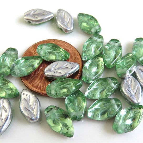 Peridot Glass with Half Silver Coating, Czech Small Leaf, 10 mm by 6 mm Beads, 25 Beads - Item L10-15