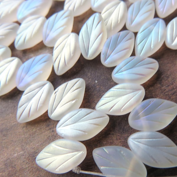 Matte Crystal AB Transparent Glass, Czech Beech Leaf, 11 mm by 7 mm Beads, 20 Beads - Item L60-5