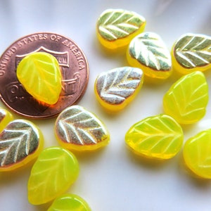 Opal Lemon Yellow Half AB Transparent Glass, Czech Mint Leaf, 10 mm by 8 mm Beads, 25 Beads - Item L40-4