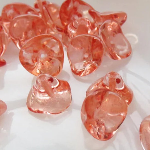 Summer Peach Transparent Glass, Czech 3 Petal Bell Flower, 12 by 10 mm Beads - Item F40-10