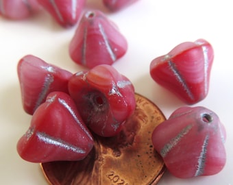 Frosted Pink and Red Glass with Silver Wash, Czech Bell Flower, 8 mm by 10 mm Beads- Item F80-8
