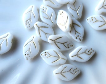 Alabaster White Opaque Glass with Gold Wash, Czech Apple Leaf, 12 mm by 8 mm Beads, 20 Beads - Item L30-5