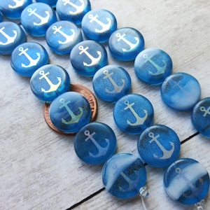 Transparent Ocean Blue and White Glass with AB Laser Tattoo Anchor, Czech Coin Beads, 13 mm Beads - Item X108-22