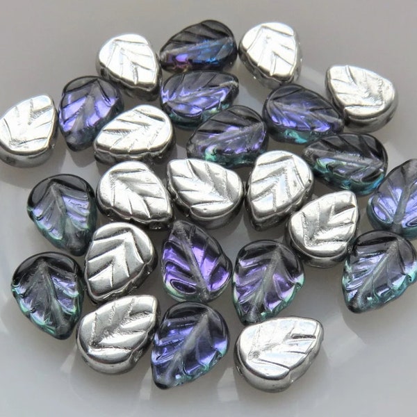 Purple And Blue Crystal With Half Silver Czech Glass, Czech Mint Leaf, 10 mm by 8 mm Beads, 25 Beads - Item L40-10