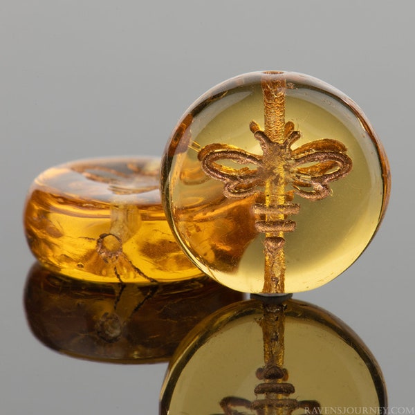 Amber Honey Transparent Glass with Dark Bronze Wash, Czech Bee Coin Beads, 12 mm Beads - Item X100-8