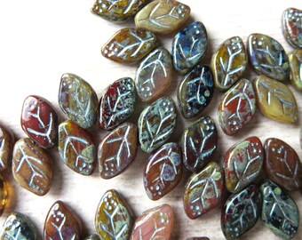 Multi Colored Mixed Fused Opaque Glass with Metallic Silver Wash, Czech Apple Leaf, 12 mm by 8 mm Beads, 25 Beads - Item L30-23