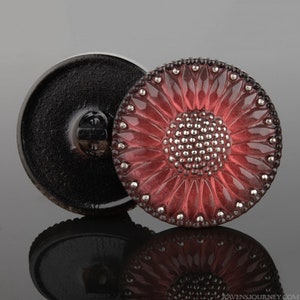 Salmon Pink Glass with Dark Rim and Platinum Paint, Round Sunflower, Czech 32 mm Glass Button, 1 Button- Item B50-6