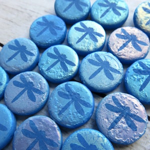 Transparent Sky Blue Glass with AB Laser Tattoo Dragonfly, Czech Coin Beads, 13 mm Beads - Item X108-14