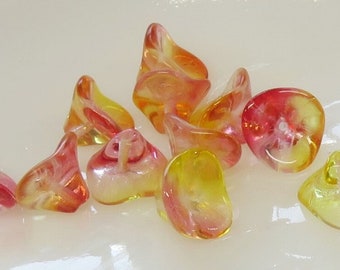 Sunny Lemon and Fuchsia Pink Glass, Czech 3 Petal Bell Flower, 12 by 10 mm Beads - Item F40-21