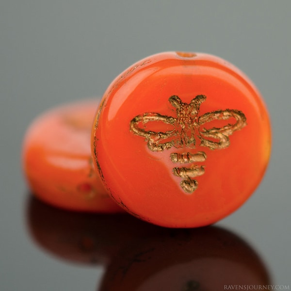 Orange Opaline Glass with Dark Bronze Wash, Czech Bee Coin Beads, 12 mm Beads - Item X100-24