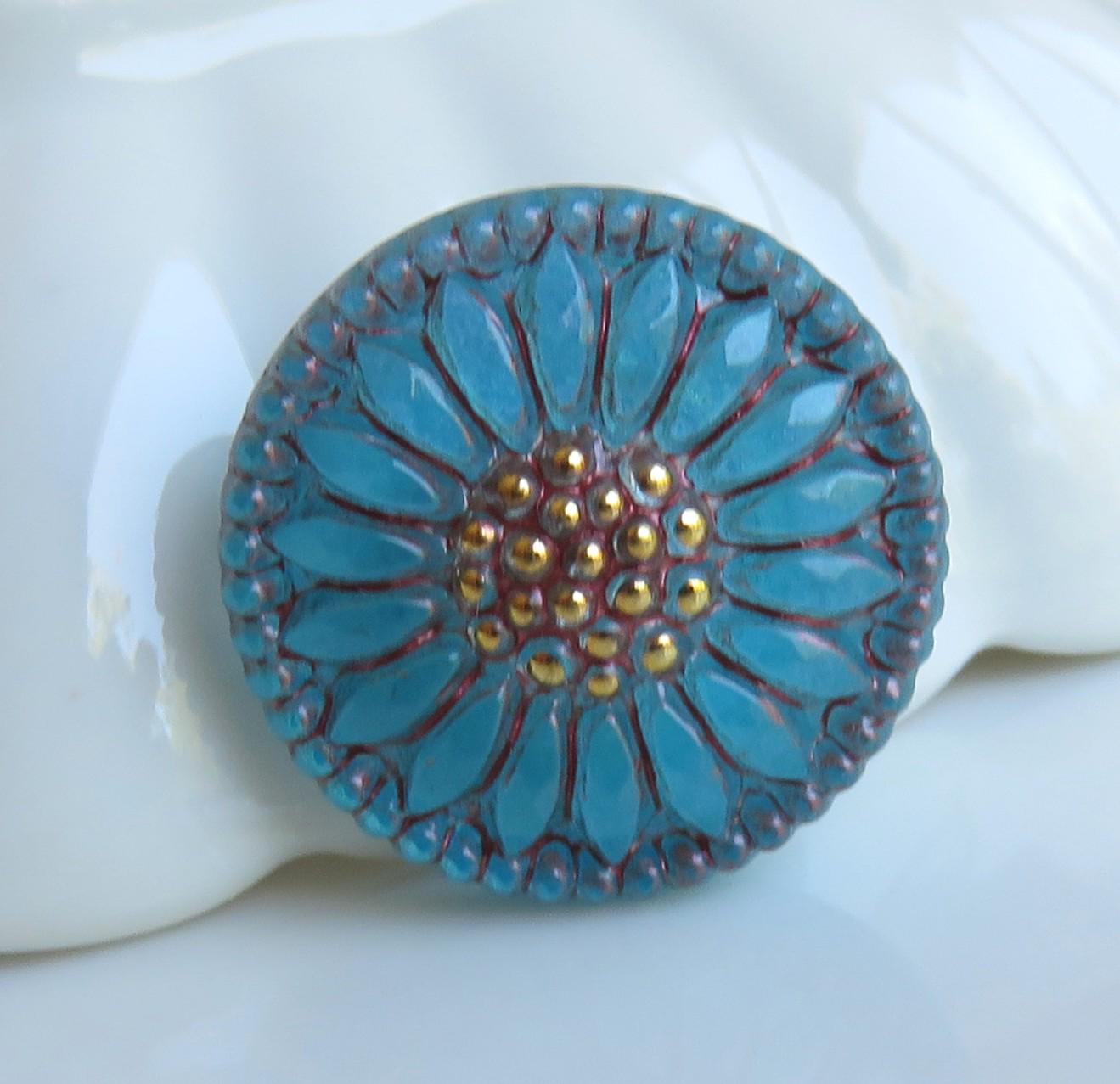 Aqua Blue Glass with Coral Pink Wash and Gold Paint, Round Sunflower, Czech 18 mm Glass Button, 1 Button- Item B10-5