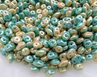 Duet Green Turquoise and Ivory Luster Glass, SuperDuo 2 Hole Seed Beads, 10 grams - Item TH50-199