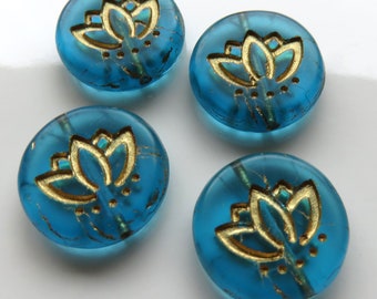 Matte Deep Aqua Blue Transparent Glass with Gold Wash, Czech Lotus Flower Coin Beads, 14 mm Beads - Item X90-5