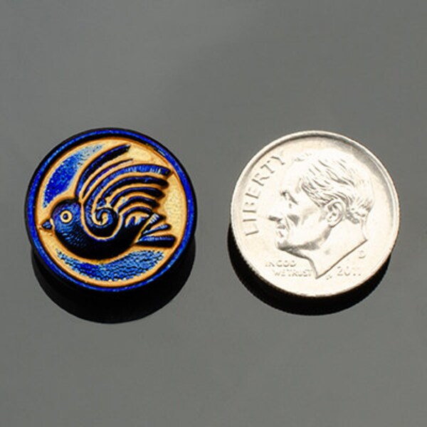 Luster Royal Dark Blue Glass with Gold Wash, Round Bird Design, Czech 18 mm Glass Button, 1 Button- Item B30-5