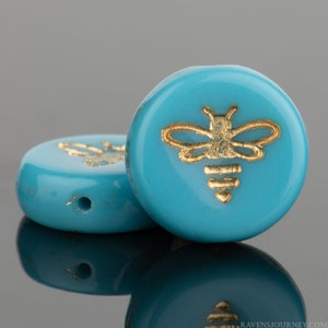 Turquoise Blue Opaque Glass with Gold Wash, Czech Bee Coin Beads, 12 mm Beads - Item X100-3