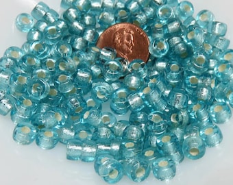 Silver Lined Center Aquamarine Blue Glass, 6 MM Roller Czech Glass Seed Bead, Crow, Pony Bead, E Bead, Large Hole, 50 Beads - Item SB40-17