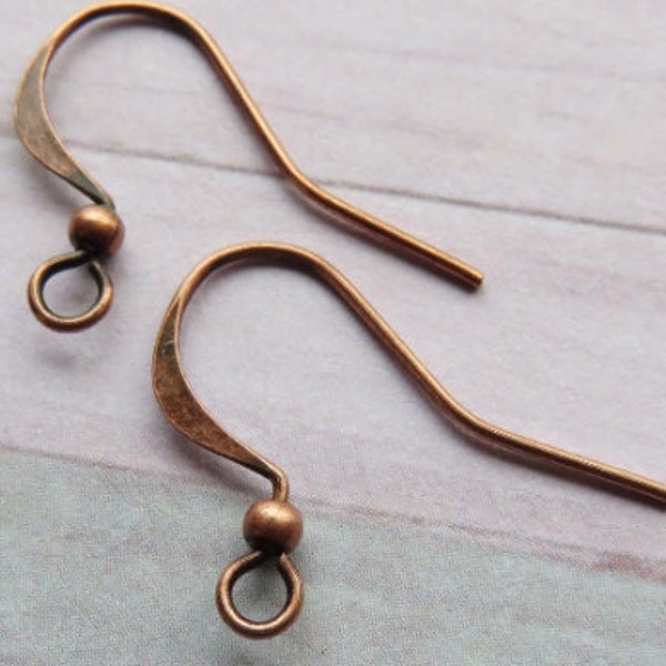 Antique Copper Plate French Hook Ear Wires with 2 mm Balls, Hammered with Long Back - Item M10-3