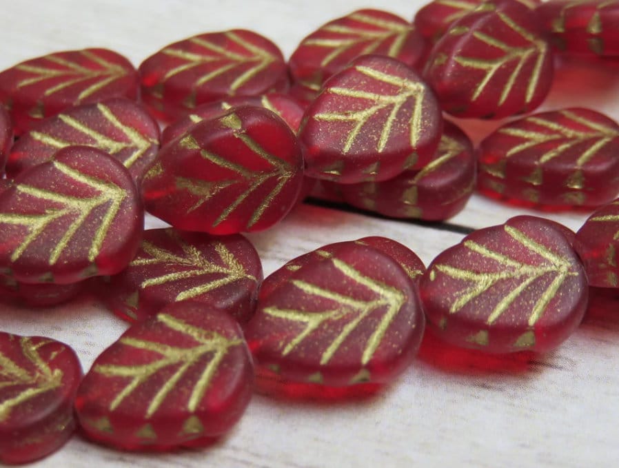Siam Red Matte Transparent Glass with Gold Wash, Czech Mint Leaf, 10 mm by 8 mm Beads, 16 Beads - Item L40-9