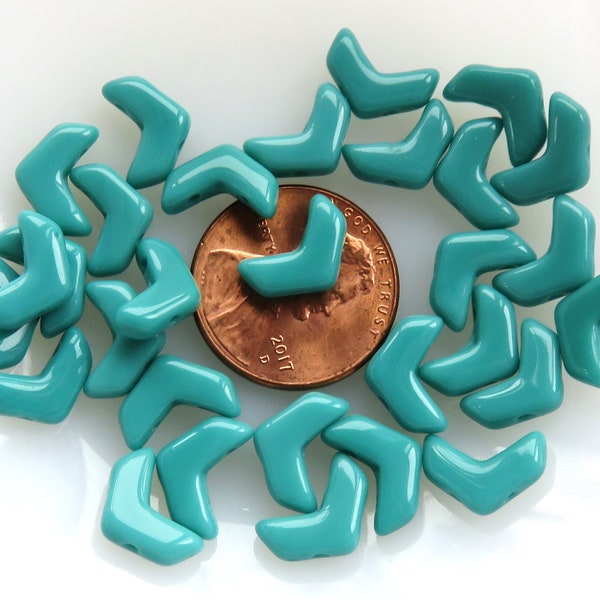 Turquoise Opaque Glass, Czech 2 Hole Chevron 10 mm by 4 mm Beads, 30 beads - Item TH40-1
