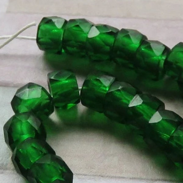 Emerald Transparent Green, Faceted Crow Beads, 6 mm Czech Glass Seed Bead, Large Hole, 25 Beads - Item SB20-6