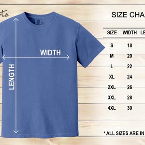 K&ouml;nnte beinhalten: Ein blaues T-Shirt mit einer Gr&ouml;&szlig;entabelle, die Ma&szlig;e in Zoll anzeigt. Die Tabelle listet die Gr&ouml;&szlig;en S bis 4XL mit den entsprechenden Breiten- und L&auml;ngenma&szlig;en auf. Der Text "Jim Shorts" befindet sich in der oberen linken Ecke.