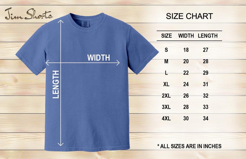 K&ouml;nnte beinhalten: Ein blaues T-Shirt mit einer Gr&ouml;&szlig;entabelle, die Ma&szlig;e in Zoll anzeigt. Die Tabelle listet die Gr&ouml;&szlig;en S bis 4XL mit den entsprechenden Breiten- und L&auml;ngenma&szlig;en auf. Der Text "Jim Shorts" befindet sich in der oberen linken Ecke.