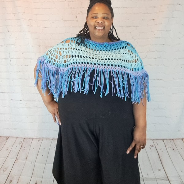 Blue purple circle round poncho shawl Handmade crochet wrap Loose fit for her, one size fit most ladies plus size women. Long fringed poncho