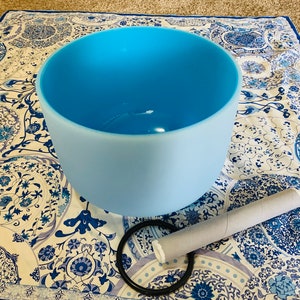 10inch G note Blue Crystal Singing Meditation Bowls Throat Chakra with a mallet & rubber ring, Resonant Healing Sound all handmade