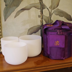 Hand Crafted 7" C +8" F +9" G set crystal singing bowl, 3 bowls combo with carrying bag, all hand made with O-rings and two wood mallet