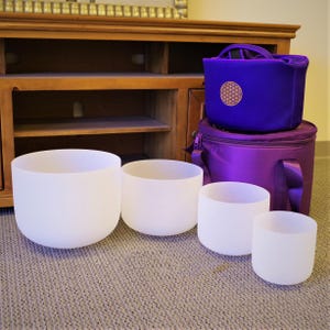 Juego de cuencos tibetanos de cristal: cuarzo esmerilado de 432 Hz/440 Hz, con bolsa y mazos.