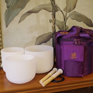 Hand Crafted 7" C +8" F +9" G set crystal singing bowl, 3 bowls combo with carrying bag, all hand made with O-rings and two wood mallet