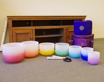 432HZ Perfect Pitch Hand Crafted 6-12 Inch colored Crystal singing bowls set, 7 Chakra with 7 notes, come with outdoor bags and wood mallet