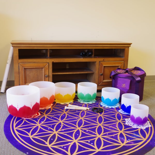 432HZ Perfect Pitch Hand Crafted 6-12 Inch Crystal singing bowls set, 7 Chakra with 7 notes, come with outdoor bags and crystal mallet