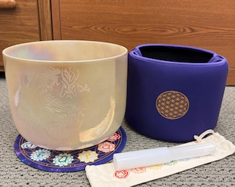 Aurora Pearl Crystal Singing Bowl: Dragon Engraved, 10 inch, 432hz
