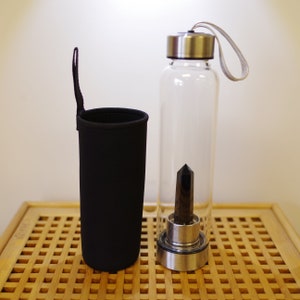 Natural Crystal Water Bottle, Energy Cup, Black Obsidian water bottle with soft bag for carrying, Natural Crystal Tower Enhances Energy