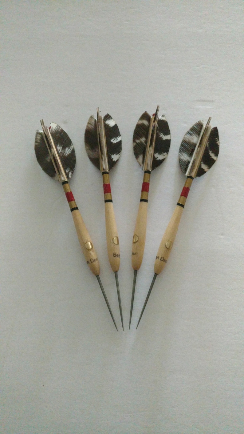 May include: Four wooden-shafted darts with feathered fletching and red and gold accents. The darts are labeled "Bagster Dart"