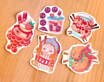 Asian food sticker pack, noodles, shrimps, takoyaki, bubble tea and taiyaki sticker set