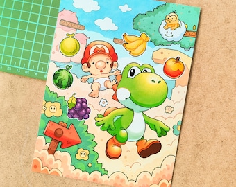 Yoshi island ds art print | A5 Yoshi and baby mario wall decor