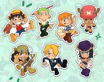 One piece sticker pack, east blue strawhats stickers | Luffy, Zoro, Nami, Sanji, Usopp, Chopper and Robin, anime sticker set