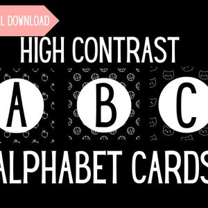 Druckbare kontrastreiche Schwarz-Weiß-Alphabet sensorische Babykarten PDF Digitaler Download