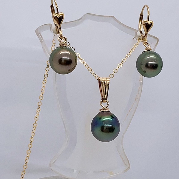 14kt gold fill Tahitian pearl 11mm earrings and 12mm necklaces set
