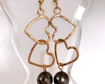 14kt Gold Fill Double heart Earrings with Tahitian Pearls 9mm