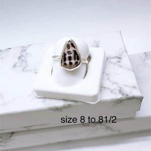 May include: A silver ring with a teardrop-shaped seashell, patterned in black and tan. The ring is presented on a white stand. The text "size 8 to 8 1/2" is visible.