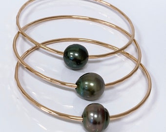 14kt Gold Fill 12 Gauge  Hawaiian Bracelets with 14mm real natural Tahitian pearls  size 8 1/2 only