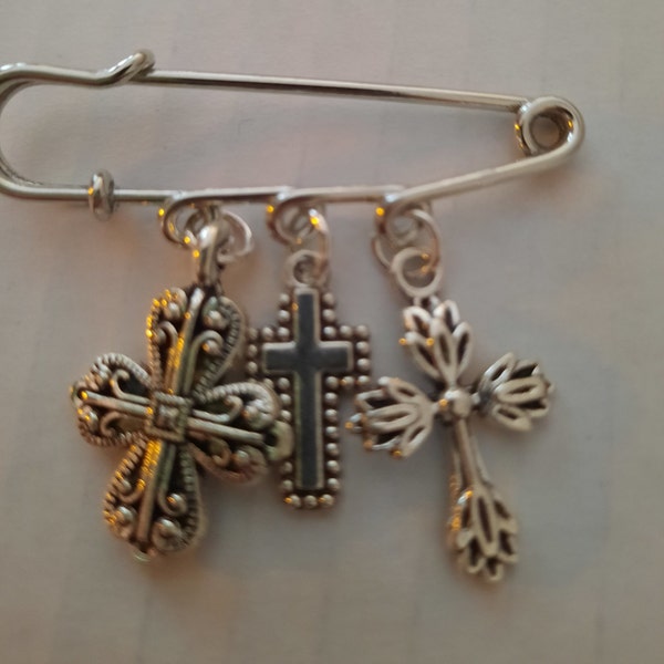 Cross, dangle charms,  Safety Pin Brooch, silver, gift idea