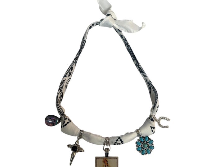Featured listing image: White bandana charm necklace featuring a 30's cowgirl charm