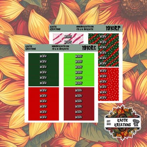 May include: A collection of planner stickers with the word "WORK" repeated on each sticker. The stickers are in various colors, including green, red, and white, with diagonal and dotted patterns. The background features a sunflower design.